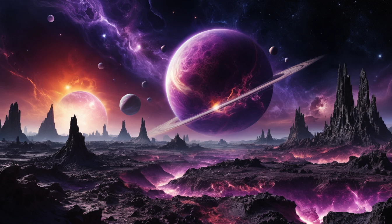 Planeta púrpura que se desintegra en el profundo espacio cósmico