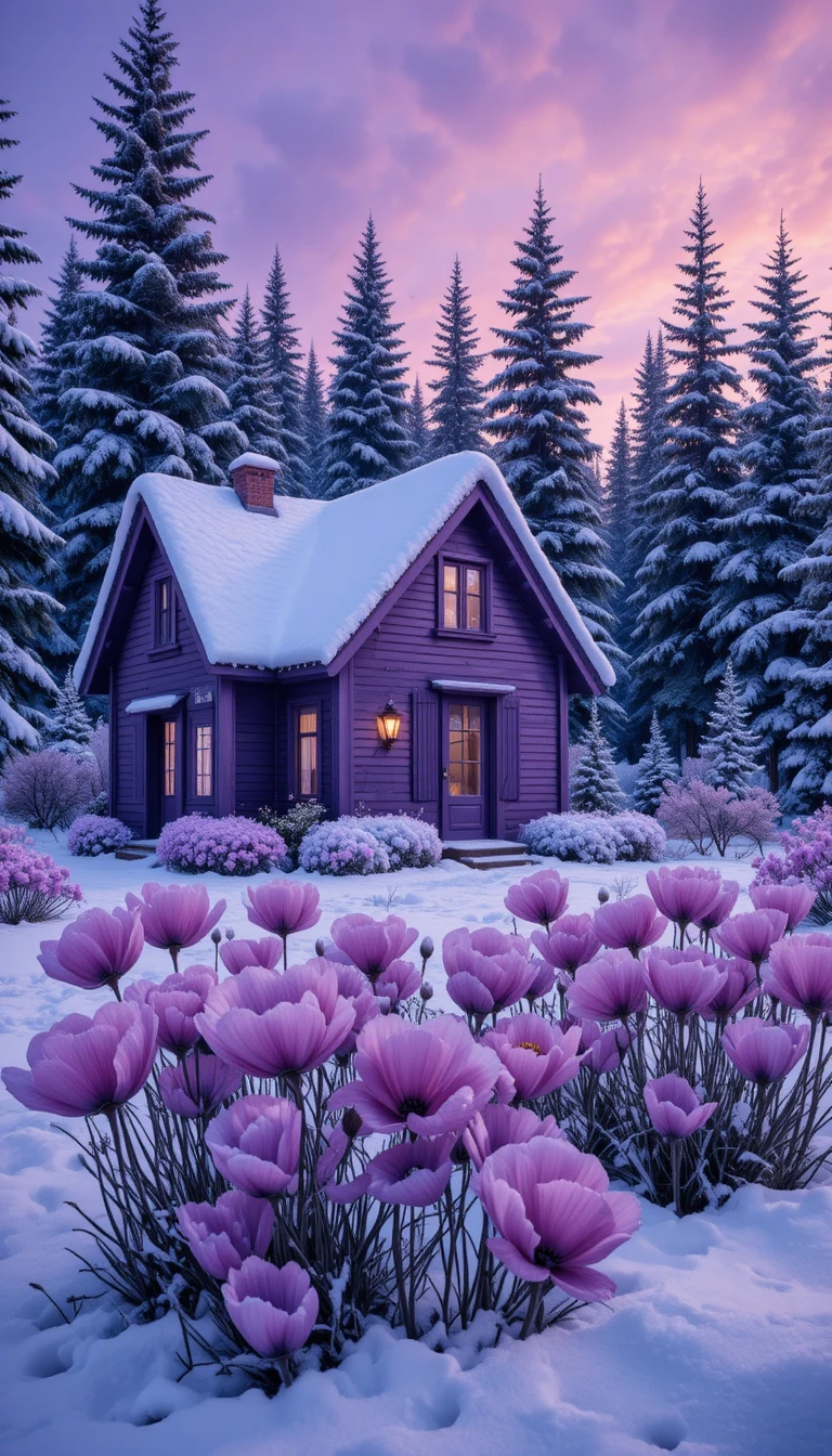Cabaña lavanda en un paisaje invernal crepuscular de ensueño