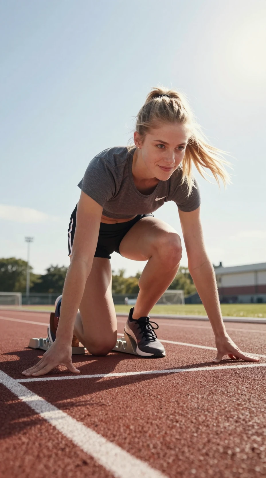 Lächelnde Athletin im Startblock in der Mittagssonne