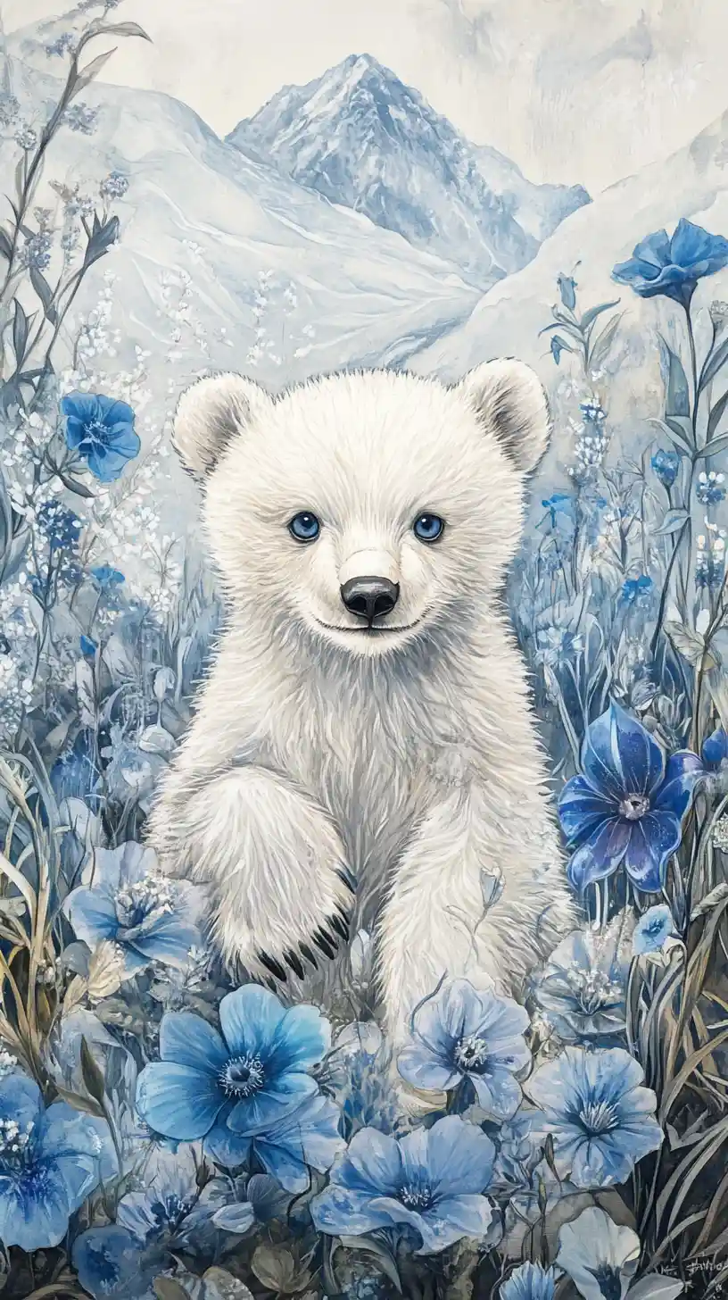 Orso Polare Sorridente tra Soffioni e Campanule Blu