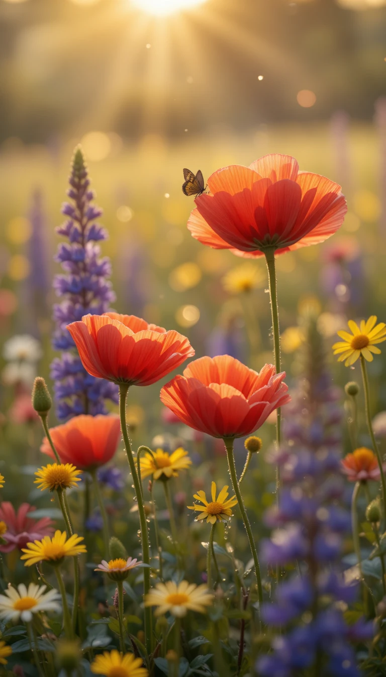 Golden hour close up of blooming wildflower meadow