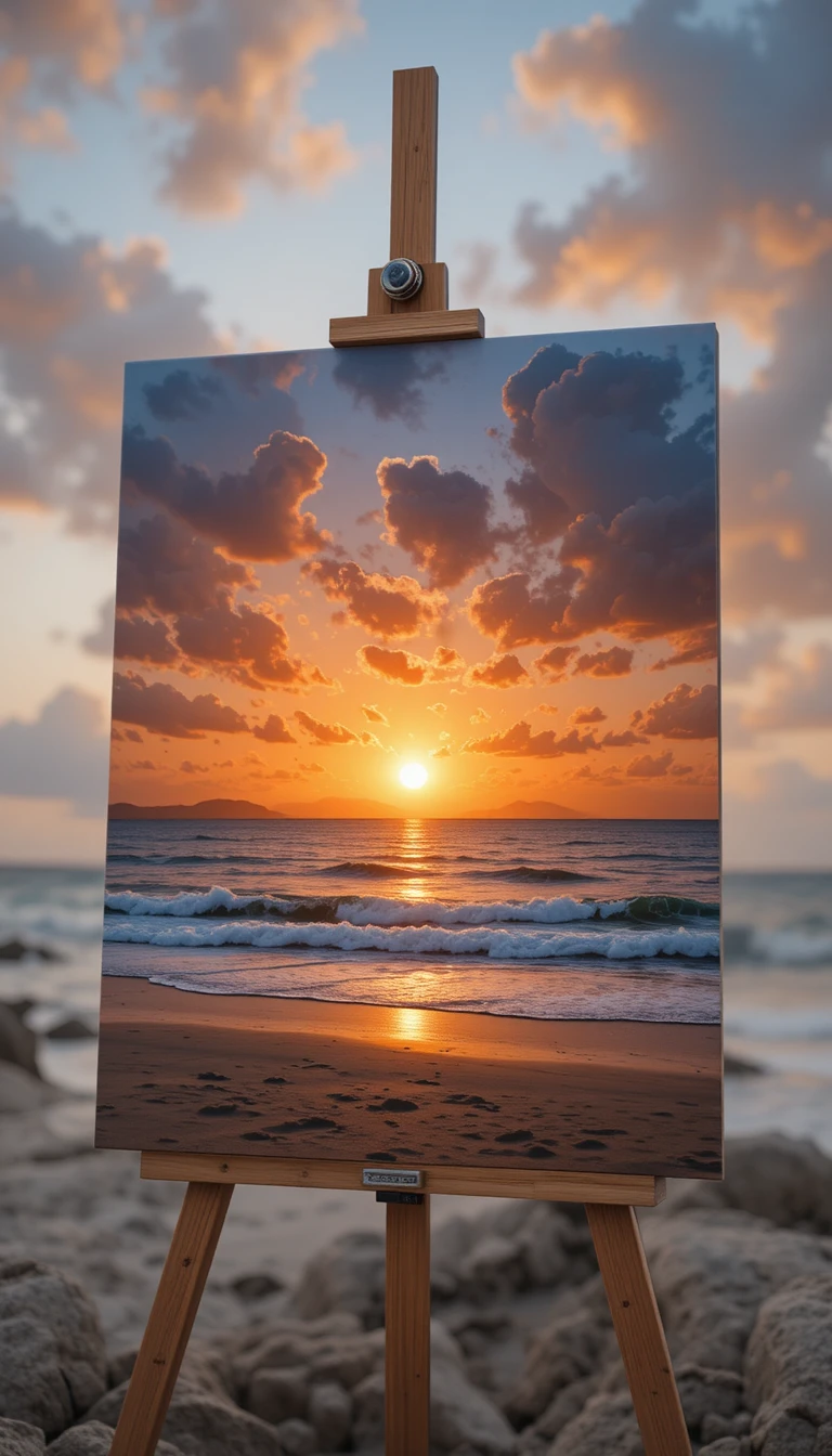 Cavalletto con un tramonto dipinto sulla tranquilla riva del mare