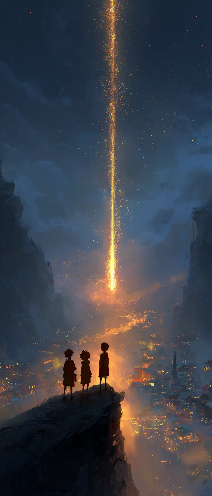 Three boys launching fireworks from a misty cliff