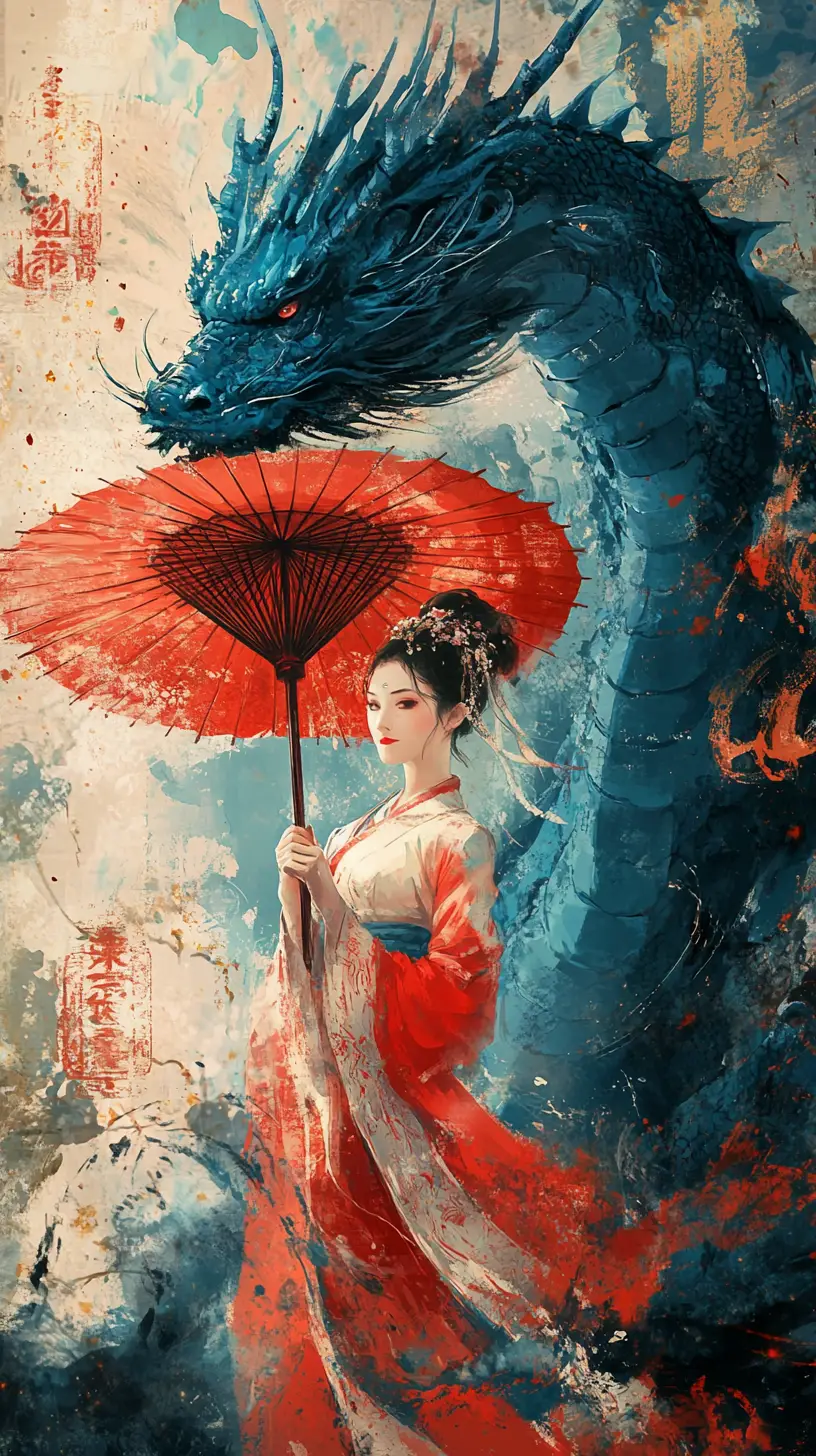 Hanfu woman beside blue dragon with red parasol