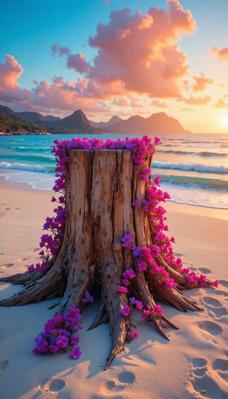 Tocón de Árbol Cubierto de Buganvilla en Playa Tropical al Atardecer