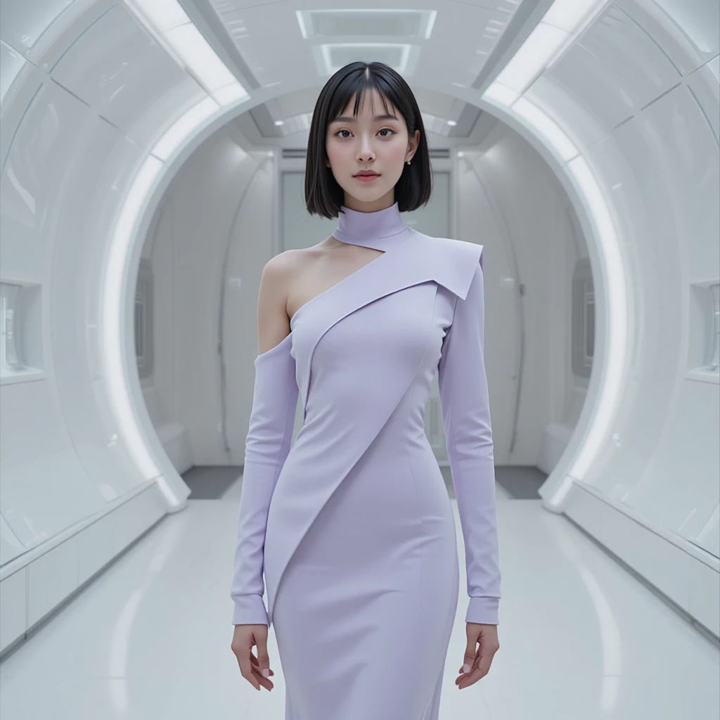 Korean woman in sculptural lavender gown in white lounge