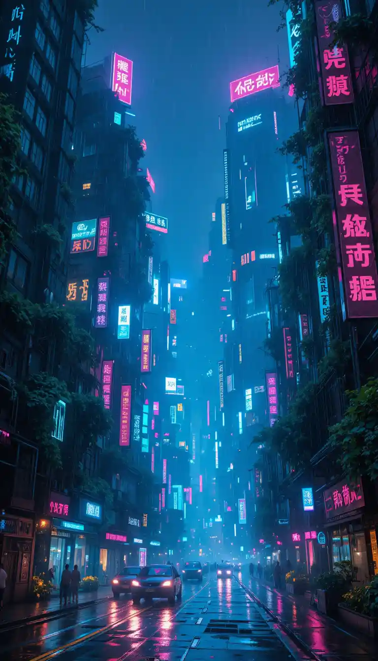 ネオン高層ビルと植物が彩る未来的サイバーパンク都市