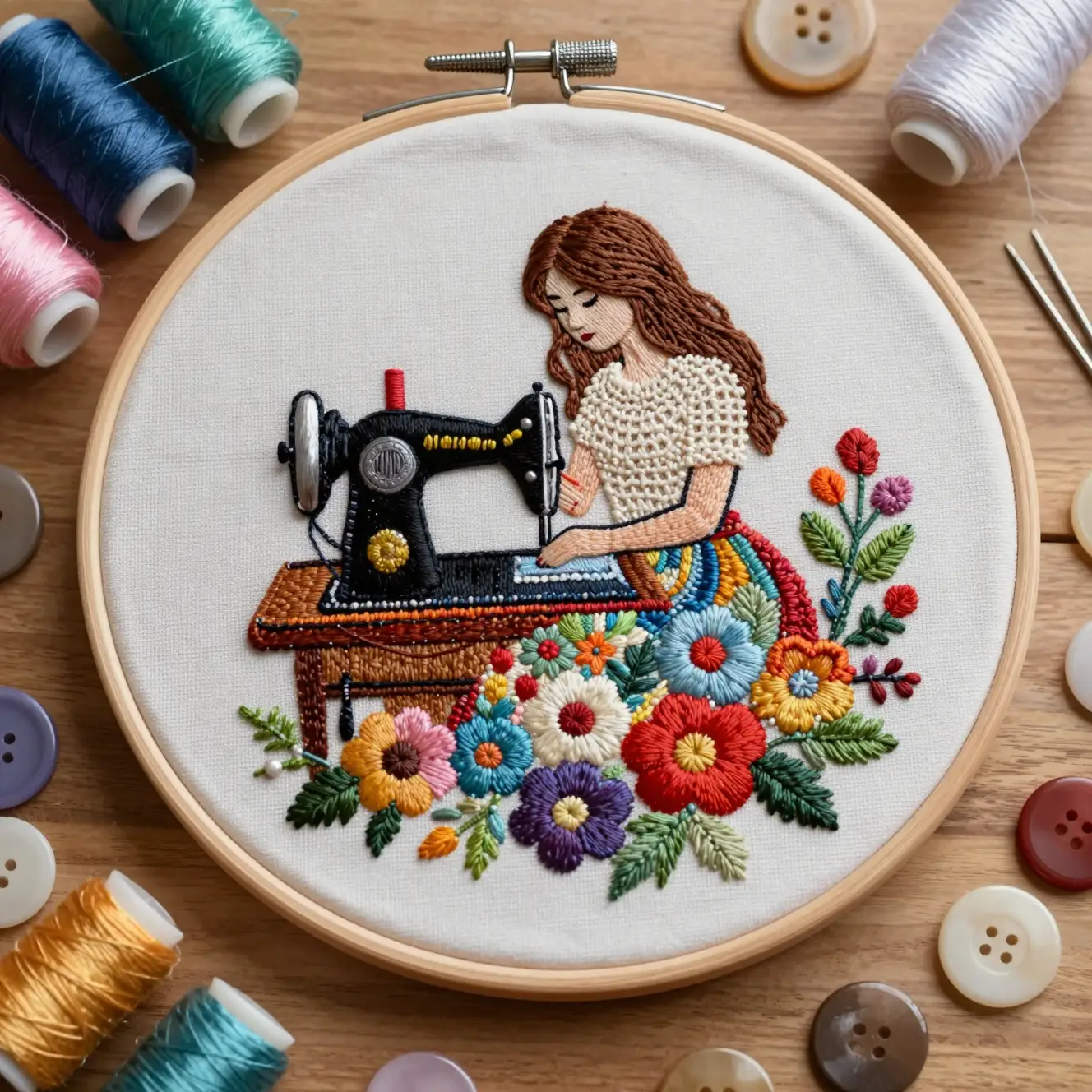 Top down view of embroidery hoop with woman at sewing machine