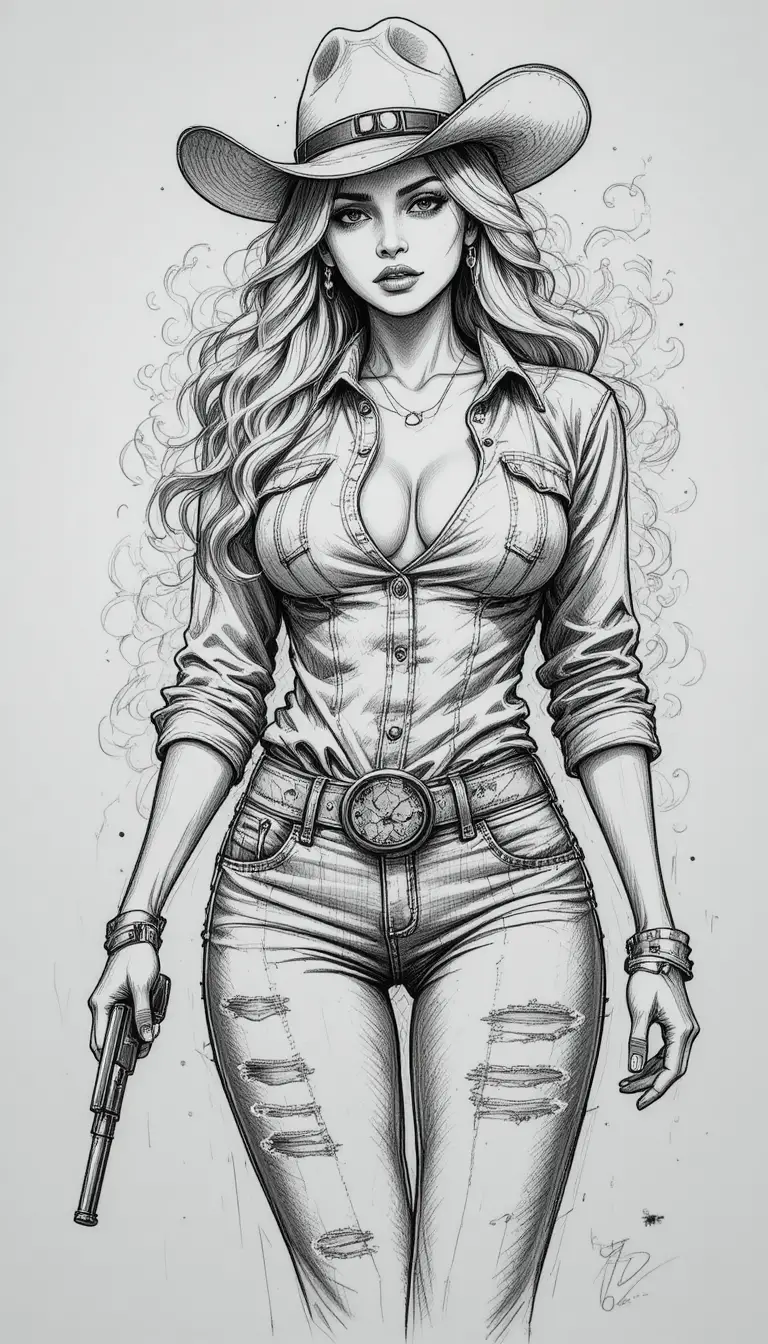 Gritty cowgirl with pistol in smoky monochrome art