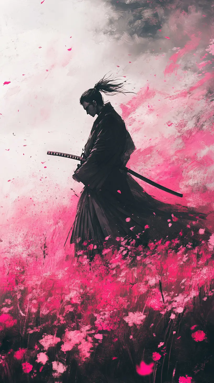 Samurai Walking Through Pink Wildflower Field In Ink Style