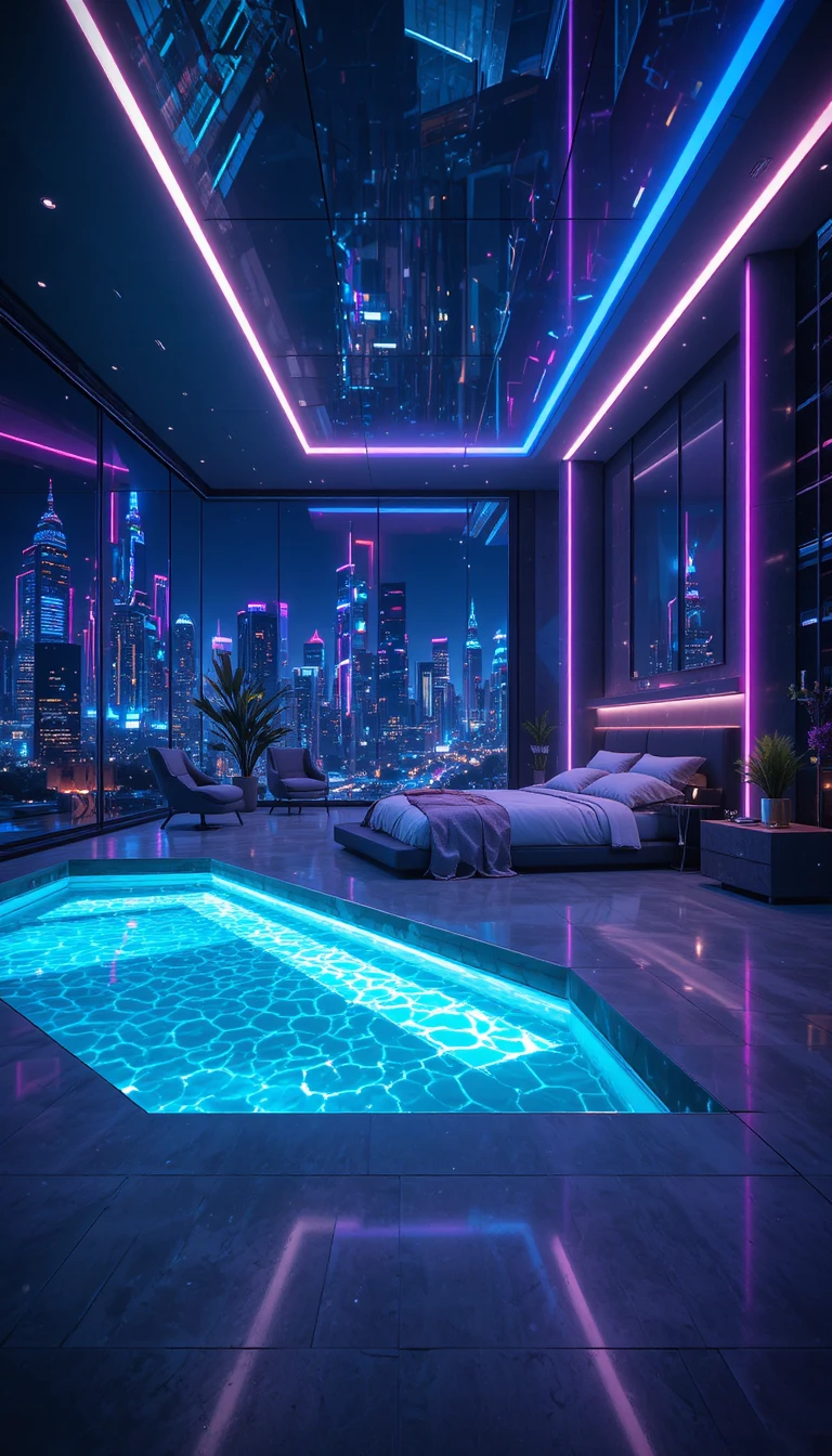 Futuristic glass luxury bedroom with neon city view