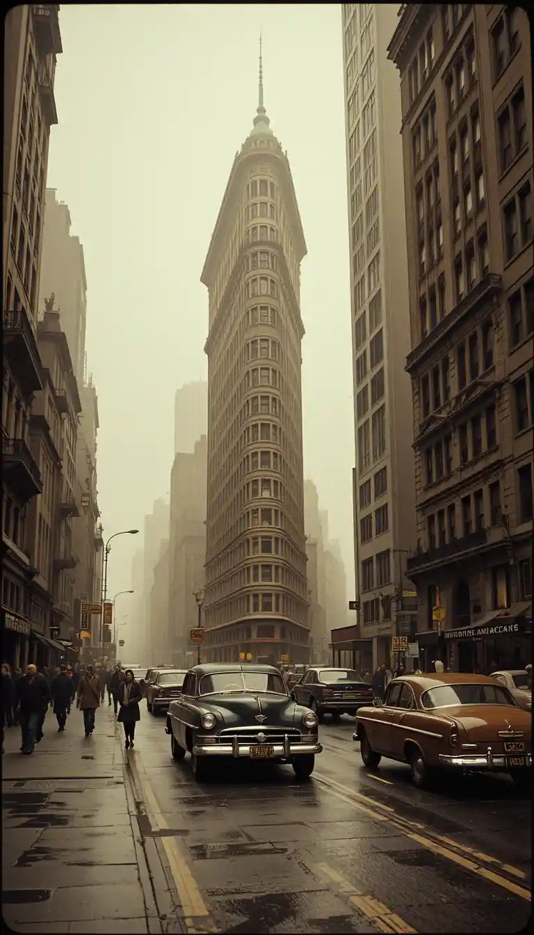 Rua enevoada de Nova York com carros antigos e o edifício Flatiron