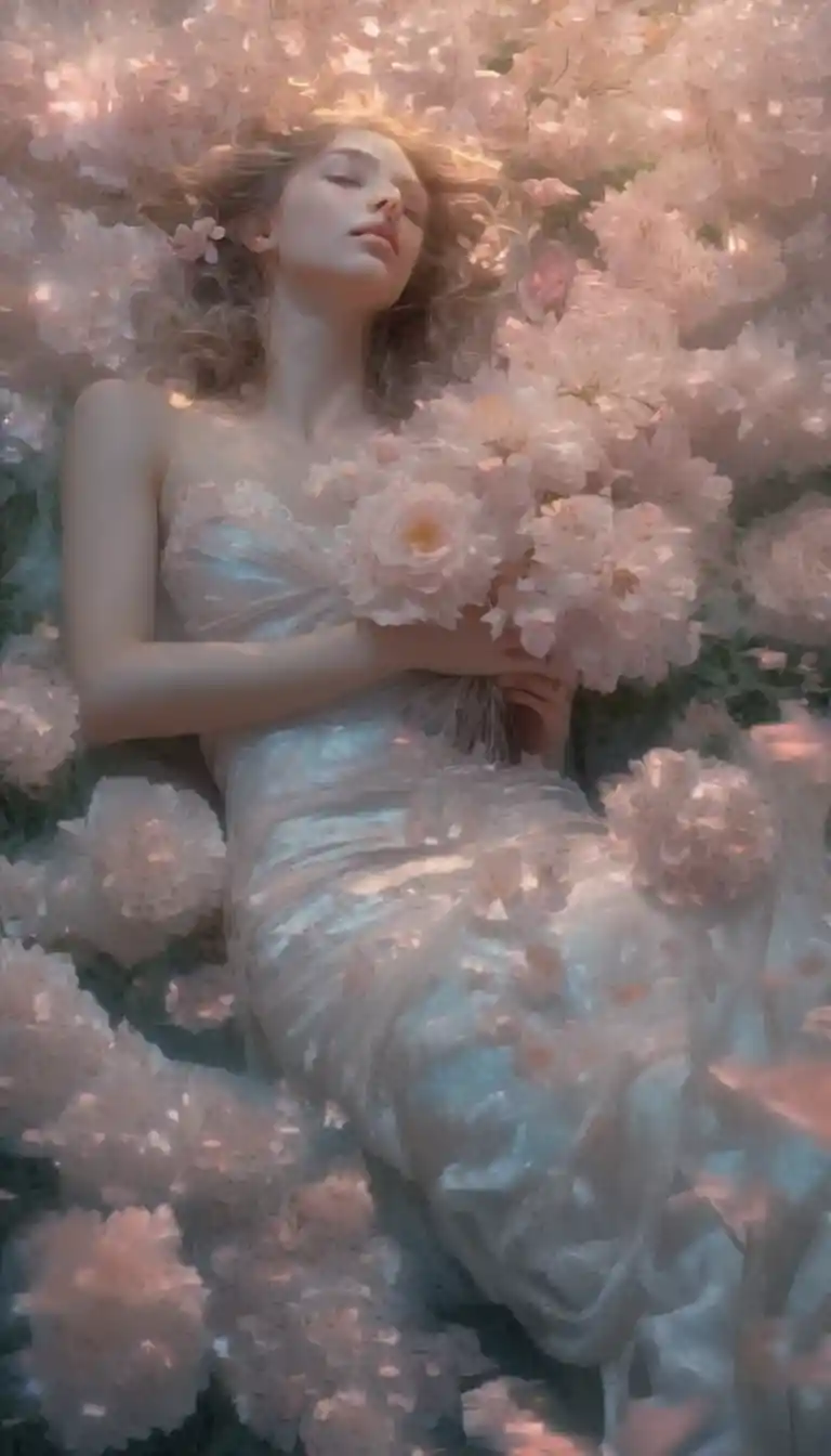 Sleeping girl in a glowing futuristic garden at dawn