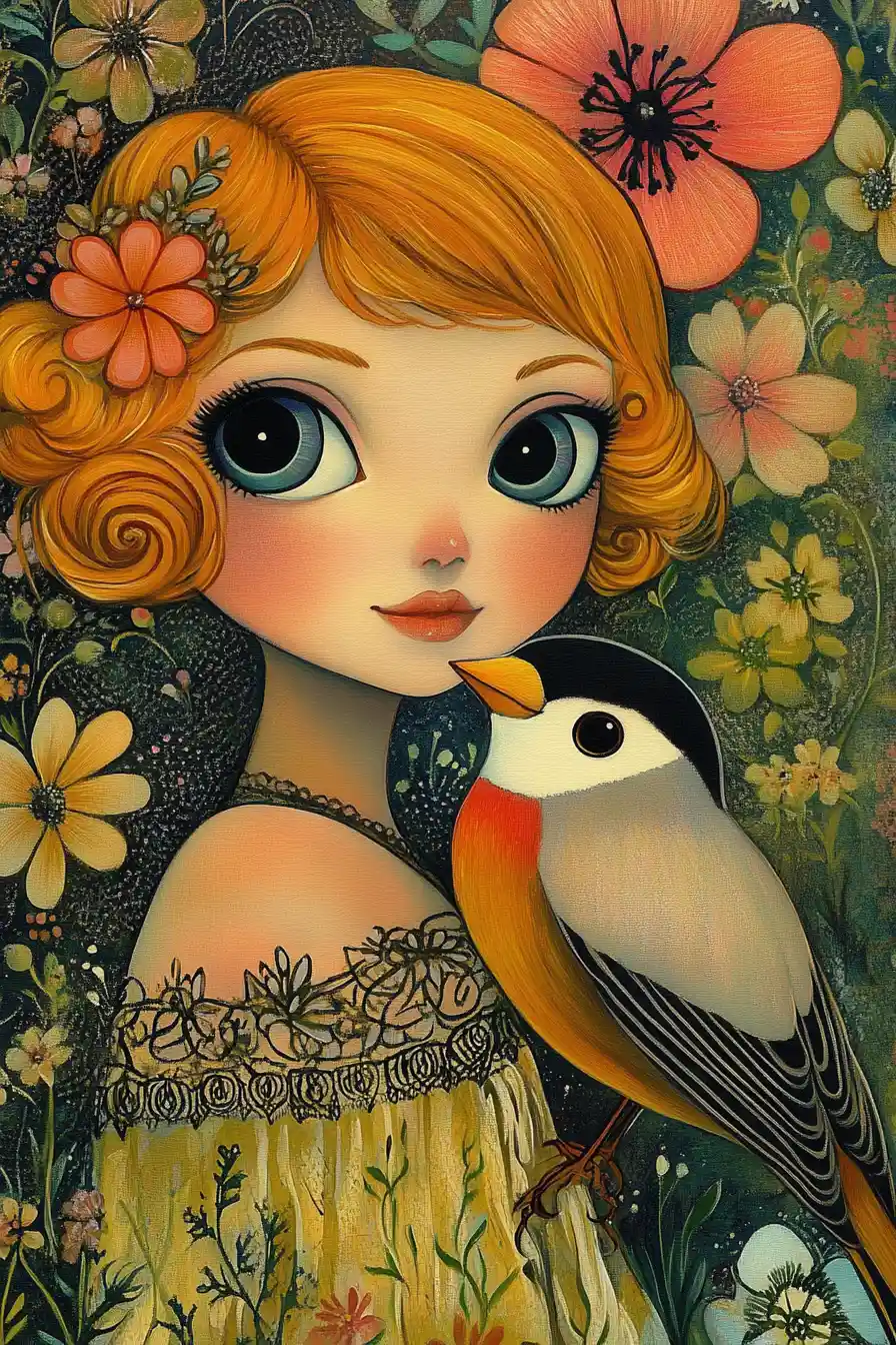 Cute red haired girl with bullfinch in fantasy flowers