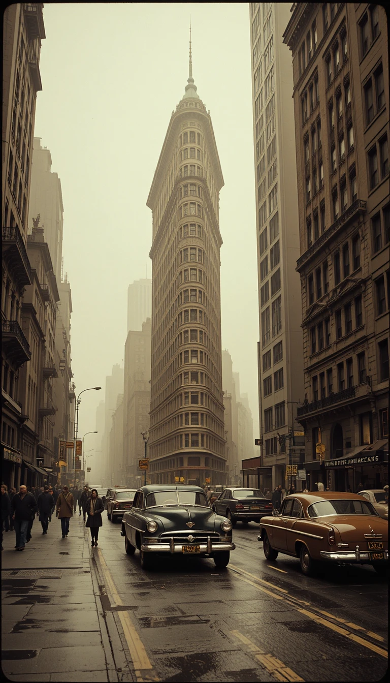 Rua enevoada de Nova York com carros antigos e o edifício Flatiron