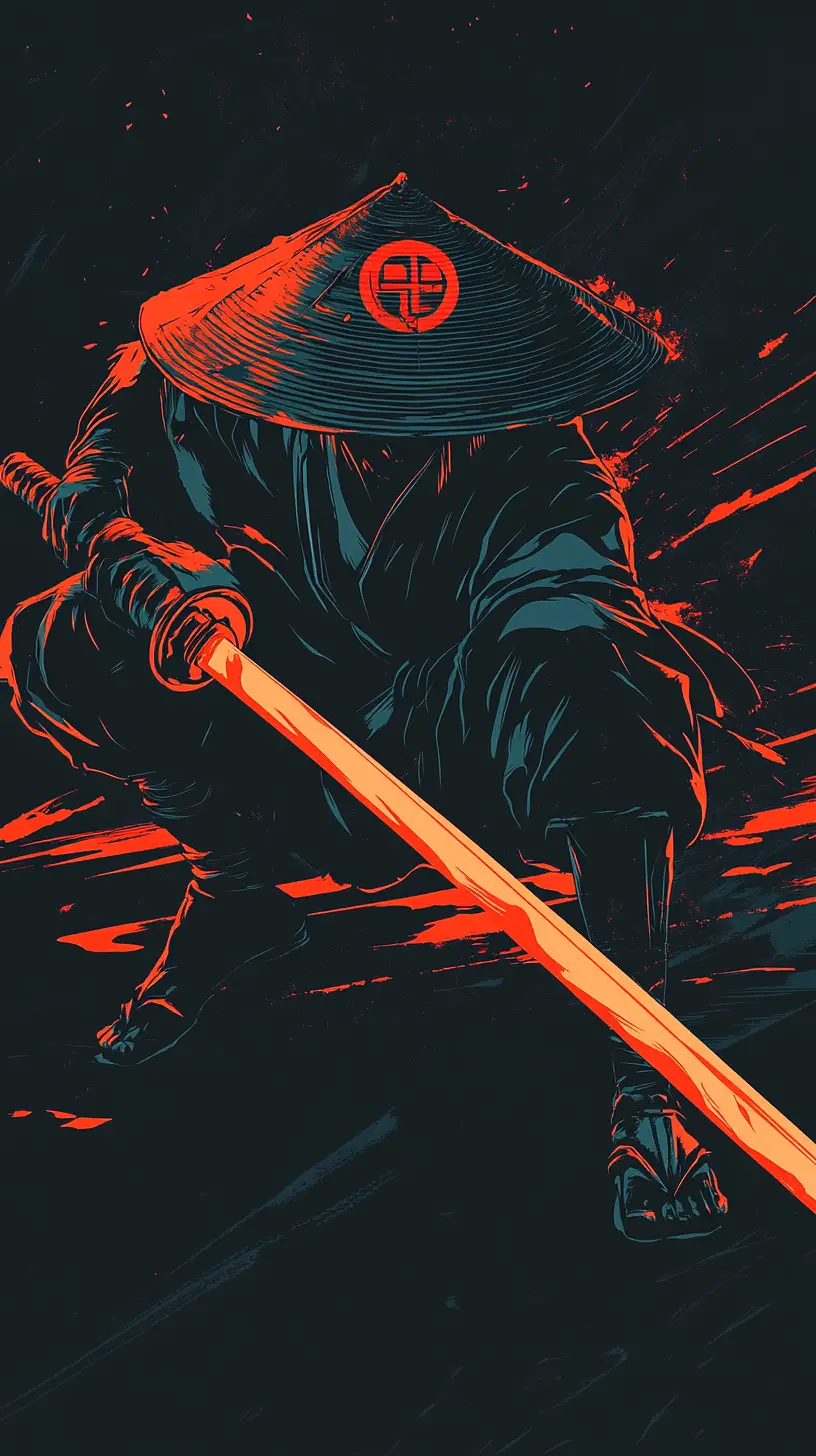 Stoic warrior with katana in bold vector shadows