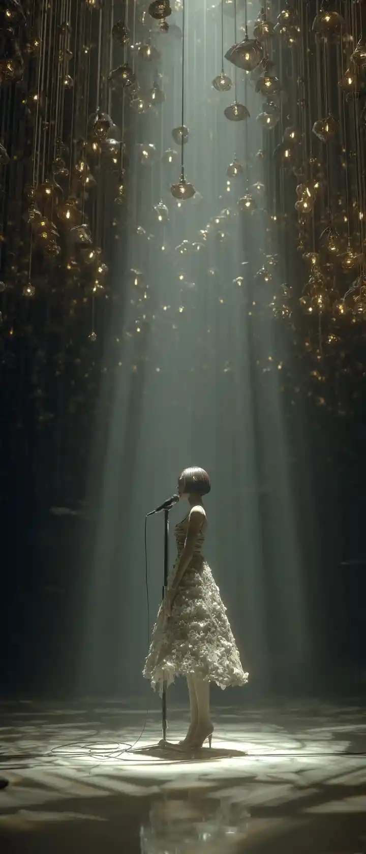 Chanteuse d’anime attendant seule sous un unique projecteur de scène