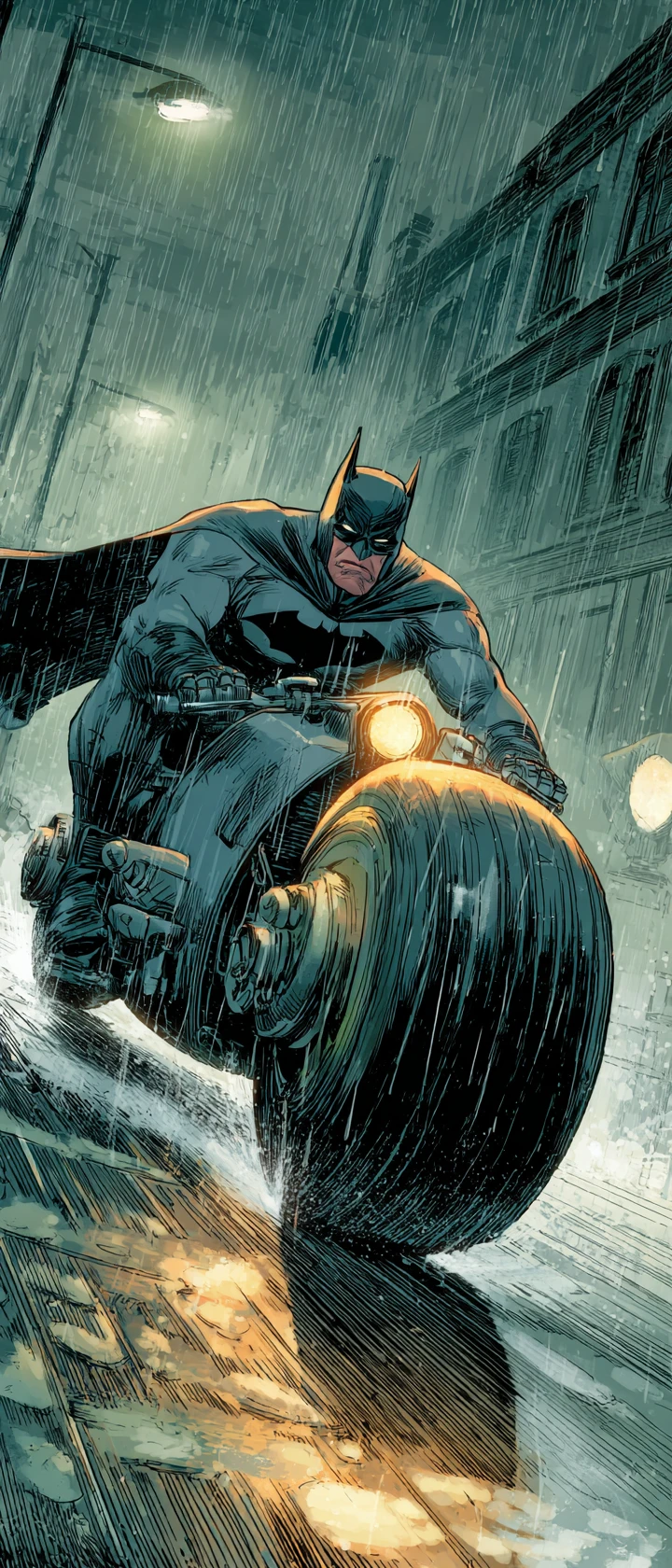 Batman estilo anime corriendo en su batcycle por una calle lluviosa de noche