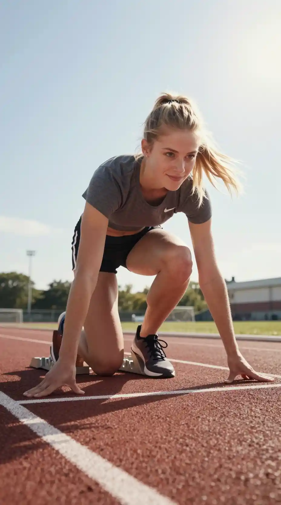 Lächelnde Athletin im Startblock in der Mittagssonne