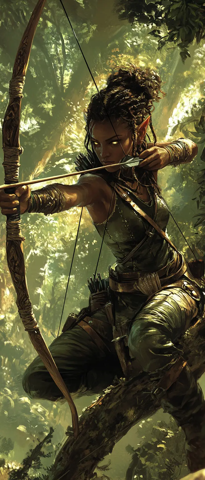 Wood elf archer aiming from a glowing forest branch