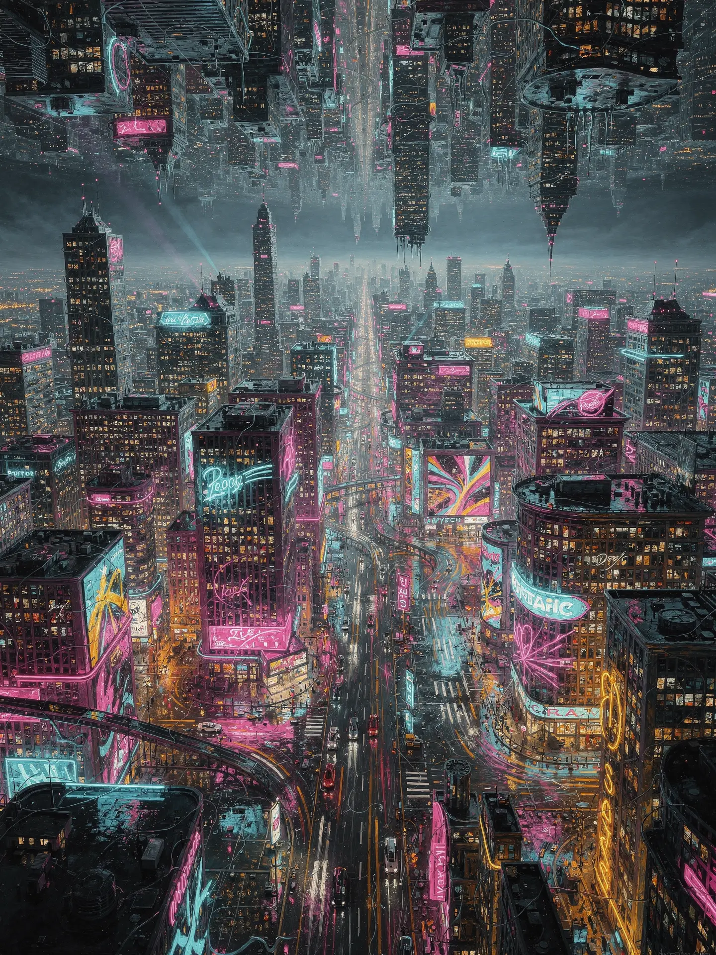 Vibrant abstract cityscape with neon lights and depth