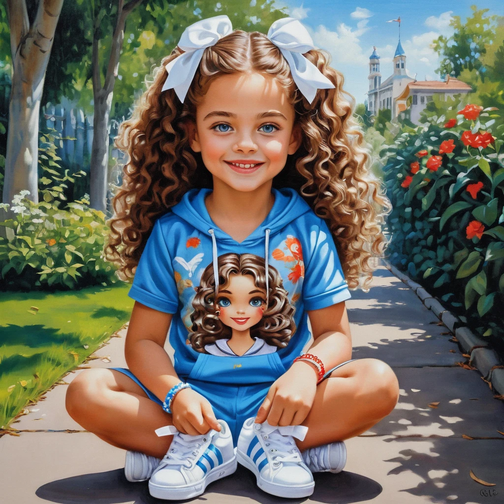 Smiling curly haired girl in a sporty cartoon portrait