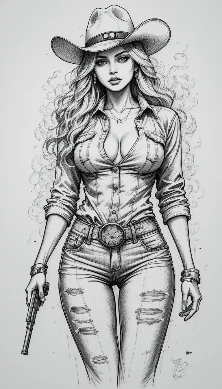 Gritty cowgirl with pistol in smoky monochrome art