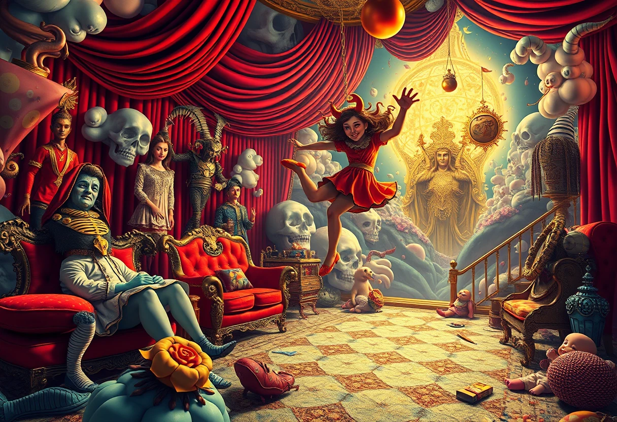 Scena fantasy comica surreale con personaggi dinamici e giocosi