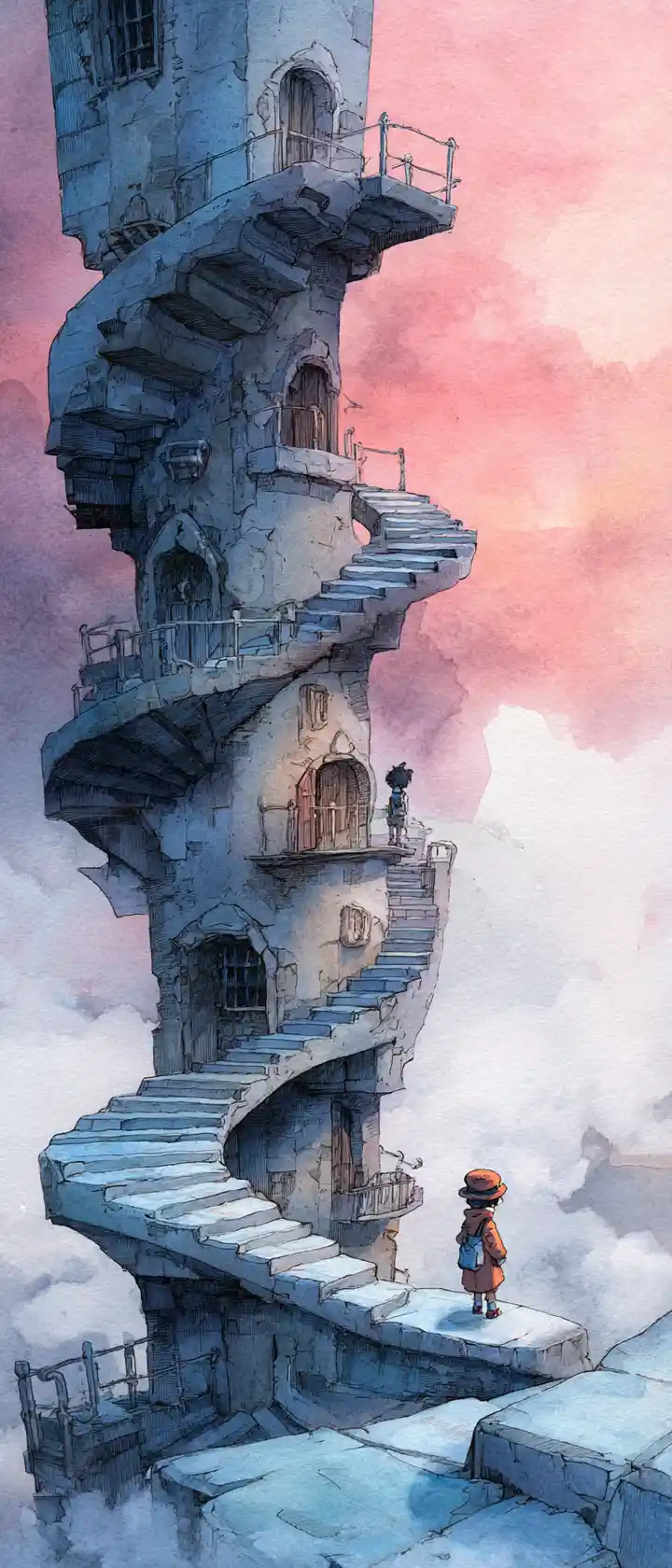 Boy climbing endless staircase inside a decaying magic tower