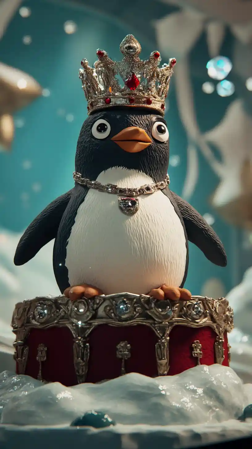Monarca Pinguino in Claymation sul Trono con Corone Impilate