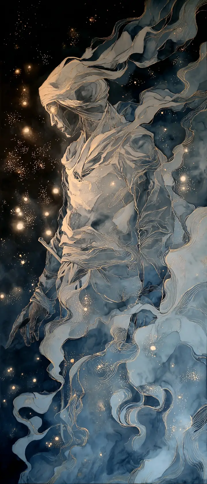 Ghostly arab warrior dissolving into fireflies above sea