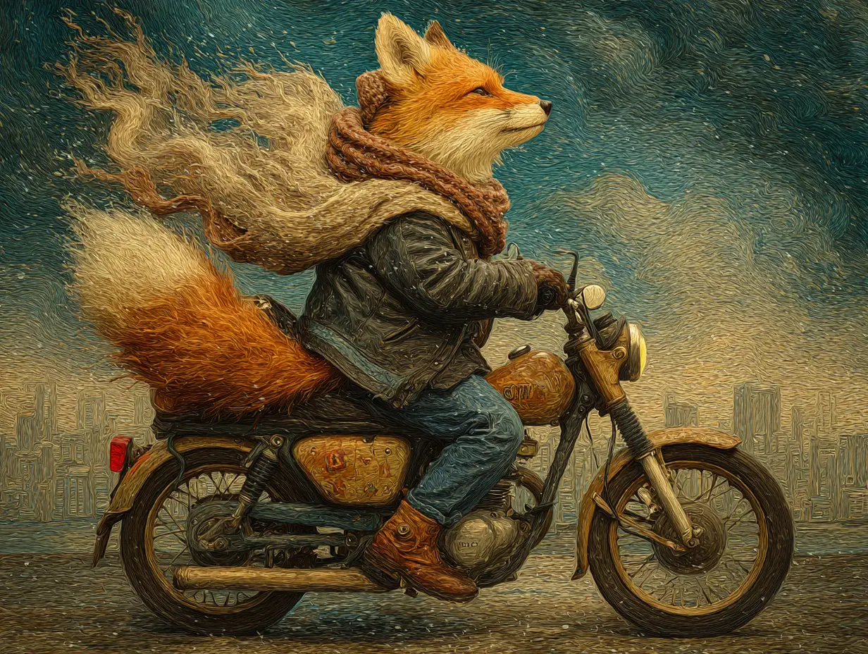 Fox Riding A Motorcycle Through A Rainy Cityscape