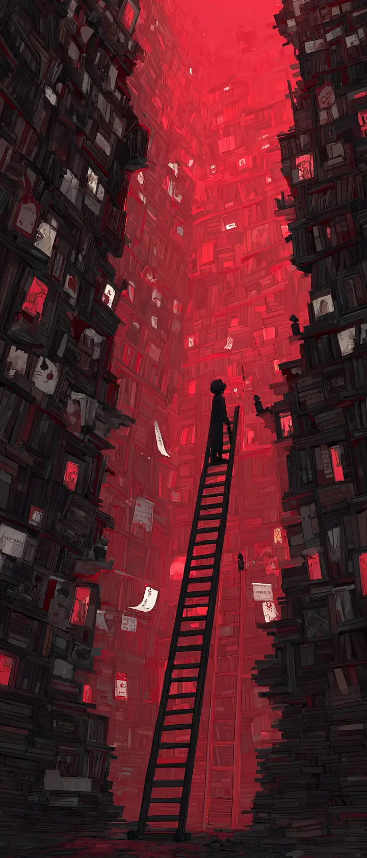 Surreal towering library of glowing childhood relics