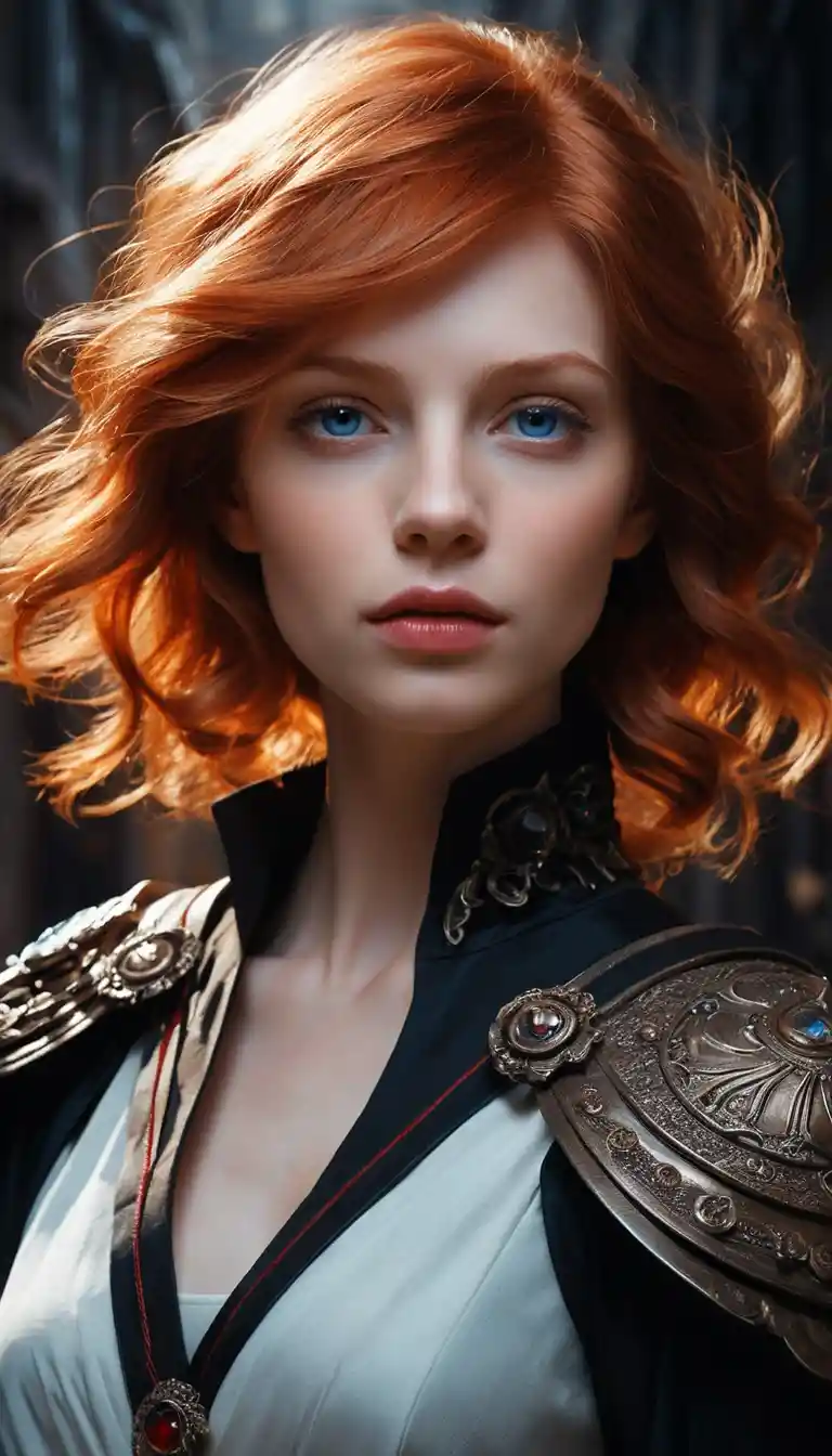 Red haired woman in school style outfit in stone corridor