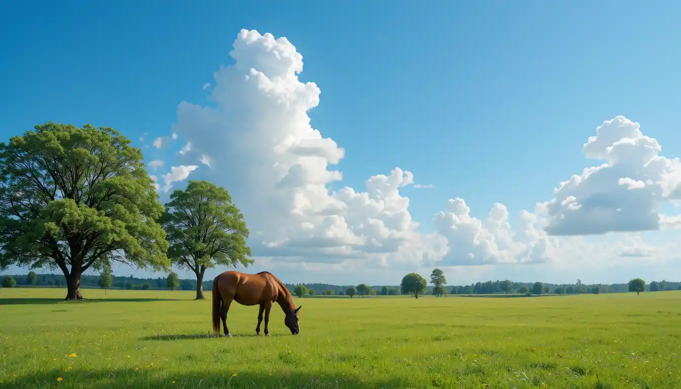 Solitary horse grazing in a tranquil green countryside meadow