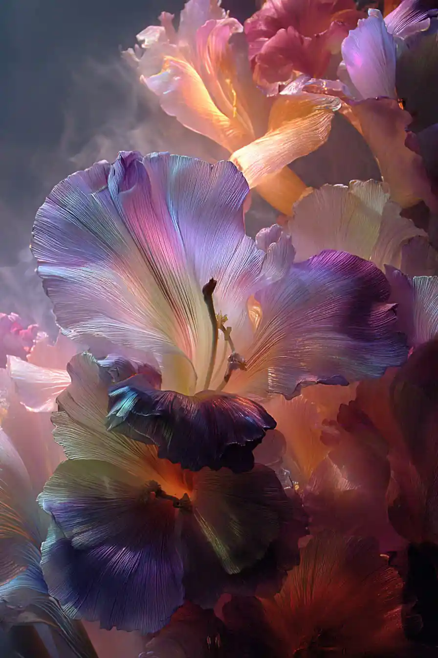 Glowing light bubbles over a large lilac flower