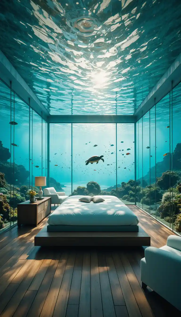 Underwater glass bedroom with coral reef and sea turtle