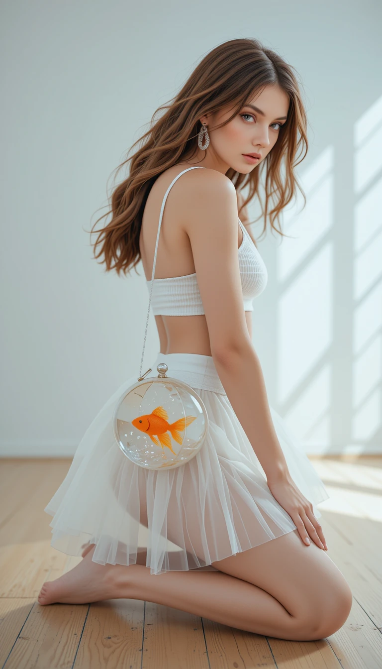 Kneeling fashion woman in white outfit on wooden floor