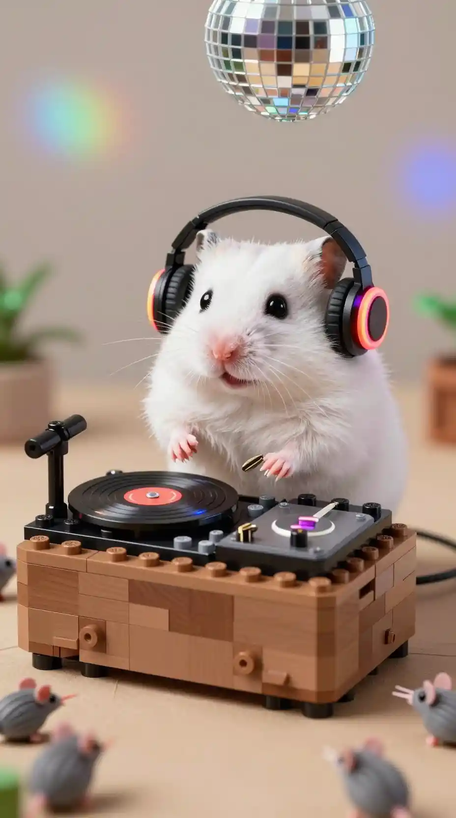 Tiny hamster dj mixing records under a disco ball
