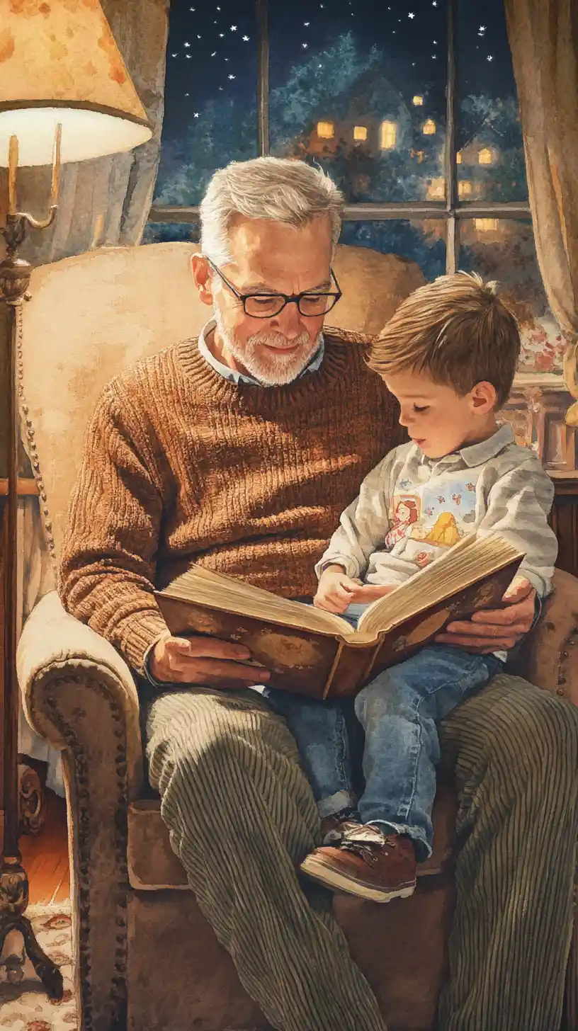 Grandfather reading a fairytale to his grandson at night
