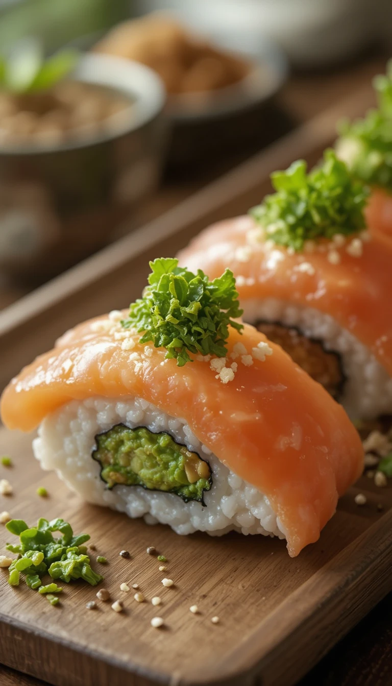 Close up of sushi with a small mound of green wasabi