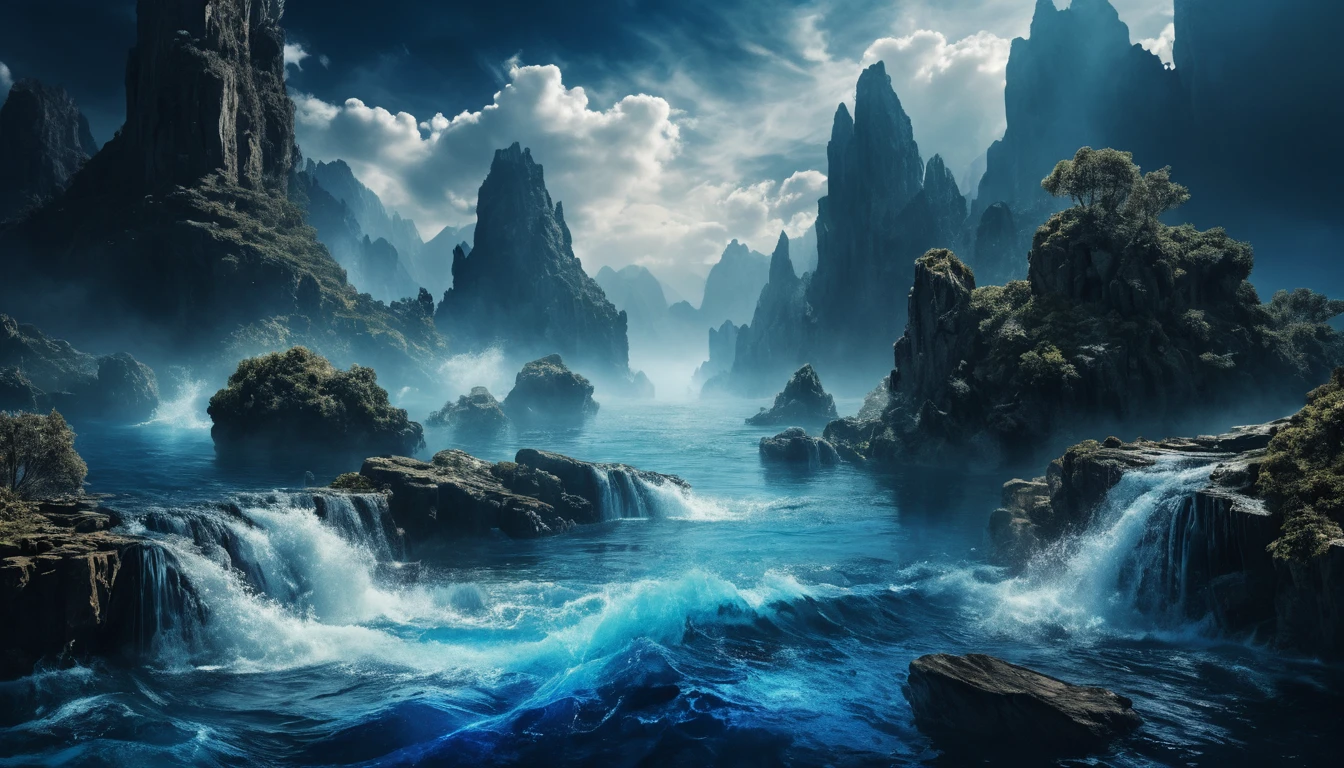 力強い青い滝が流れ落ちる壮大なファンタジー水景
