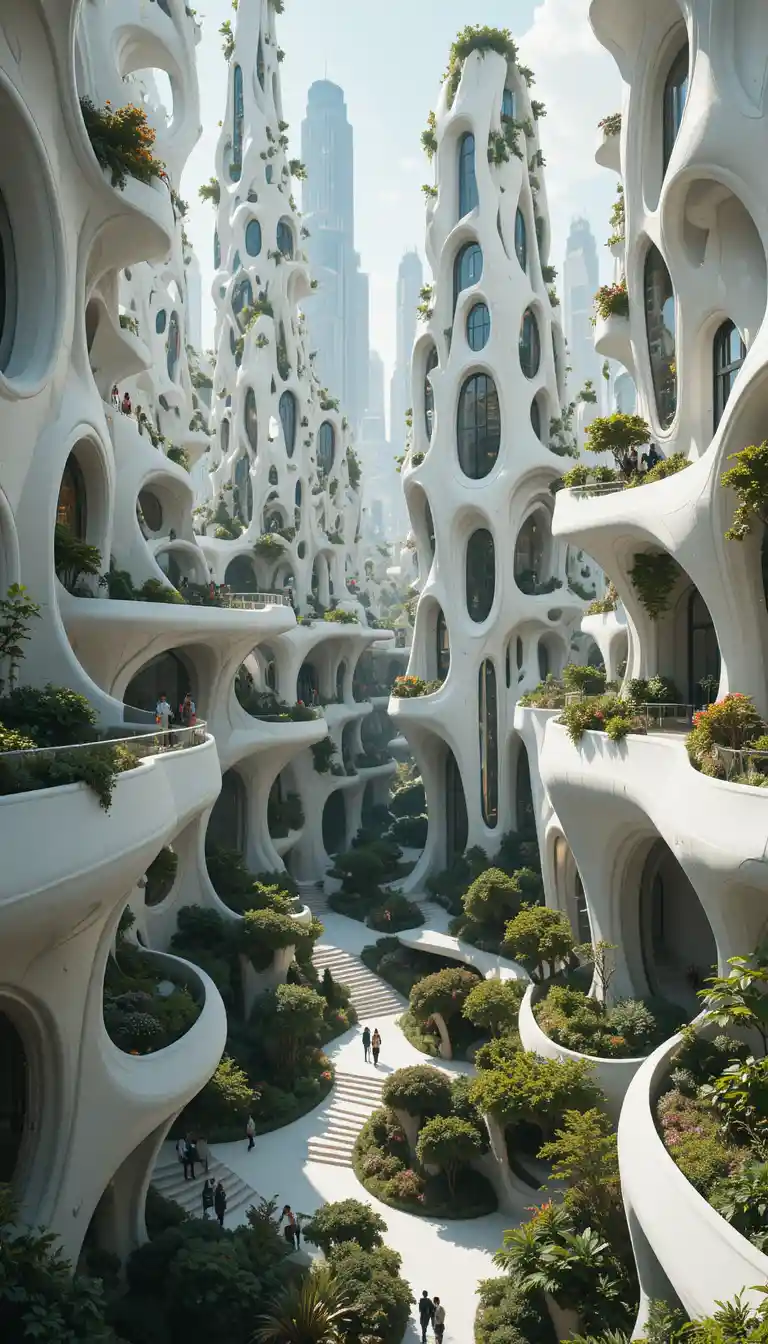 Città futuristica bianca con architettura organica e parco sul tetto