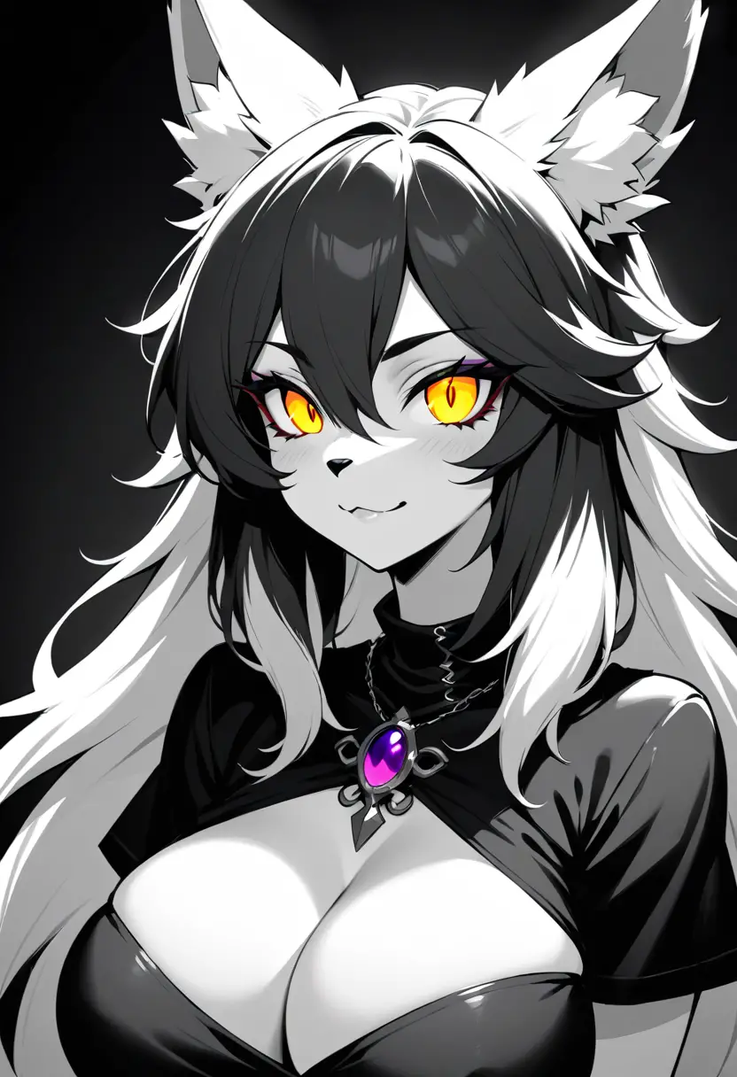 Gothic white anthro fox woman with glowing golden eyes