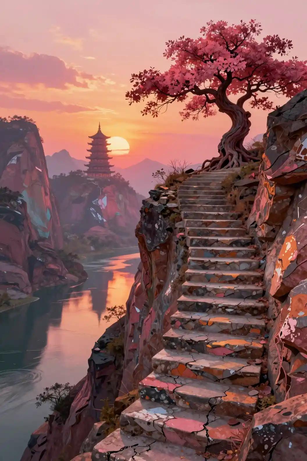 Stone staircase to a lone tree above sunset mountains