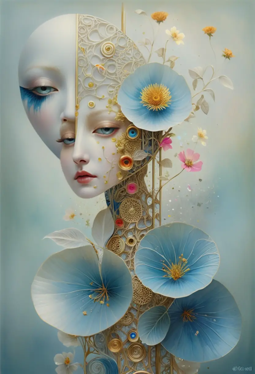 Surreal split portrait of an ethereal woman with floral crown