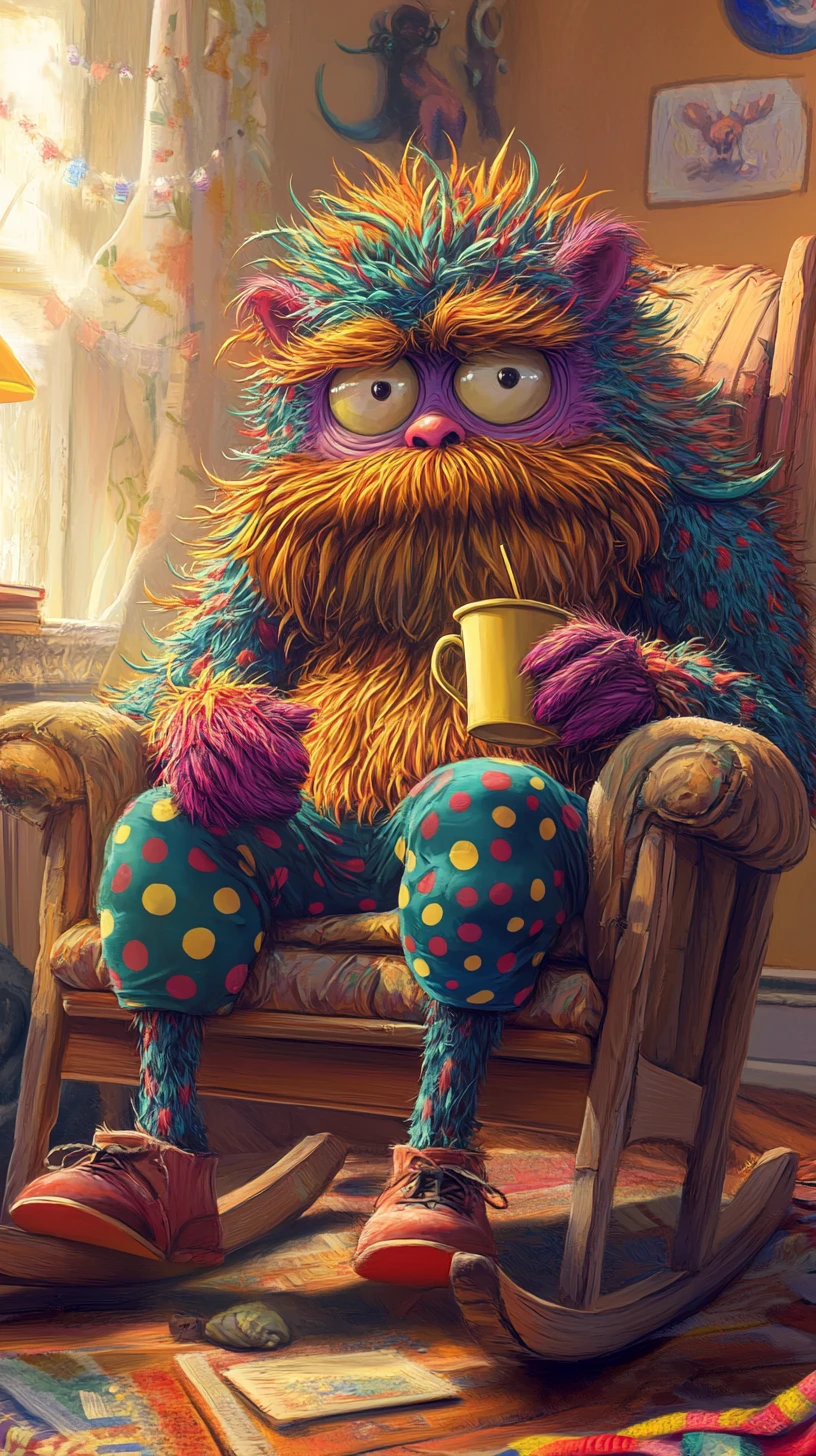Monstruo esponjoso y amistoso relajándose con sopa en una silla