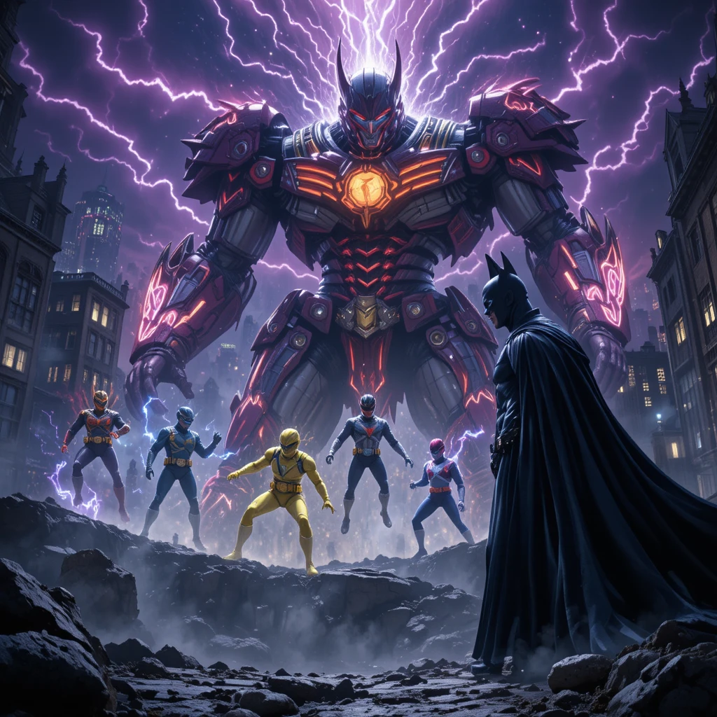 Batman stellt sich einem Schurken, während bunte Helden in Gotham eintreffen