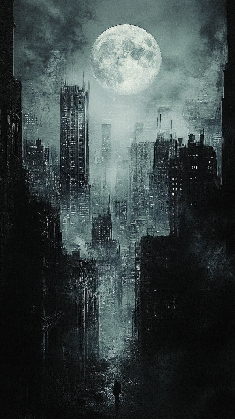 Surreal city under a silver moon with a lone dark figure