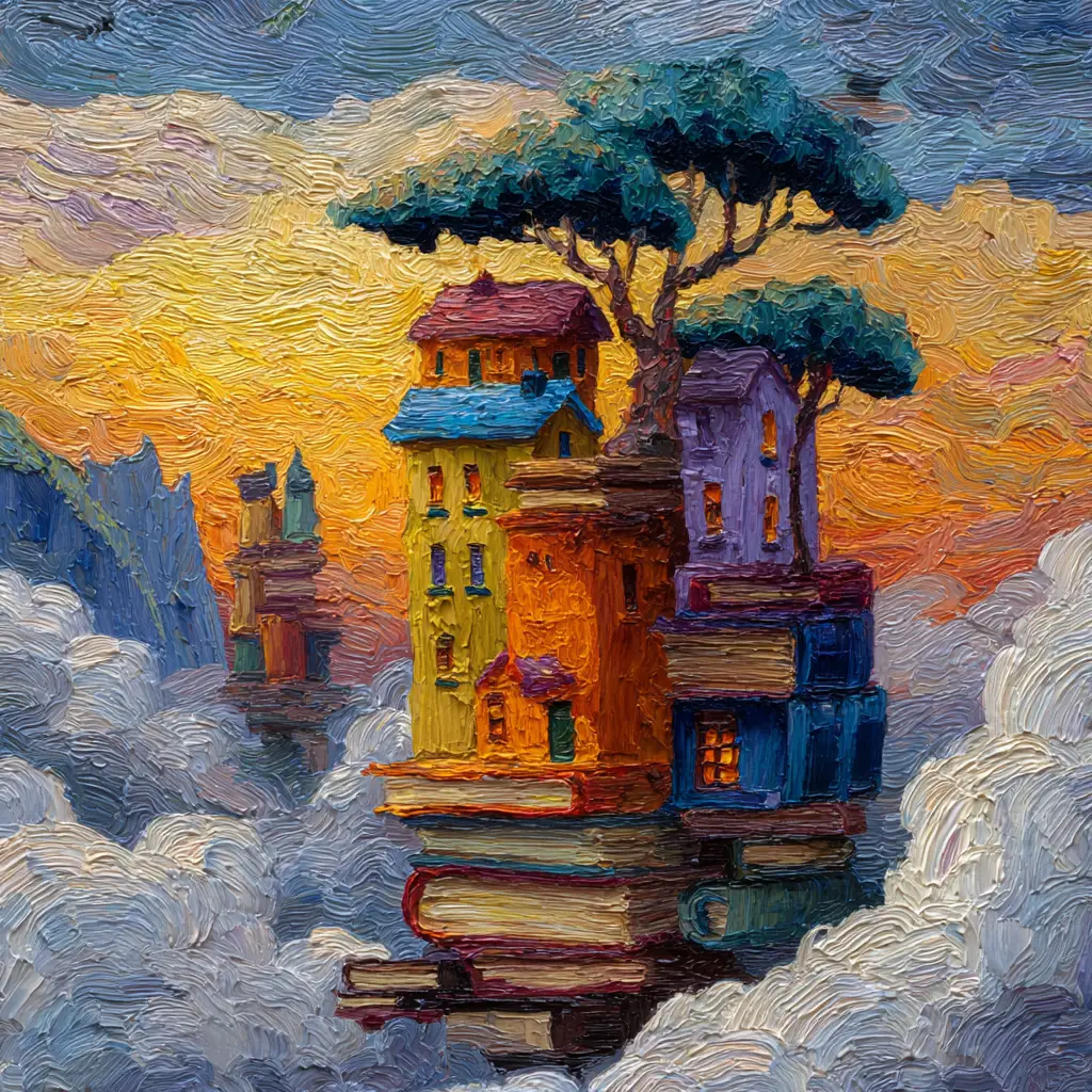 Whimsical floating book city painted in sunset clouds